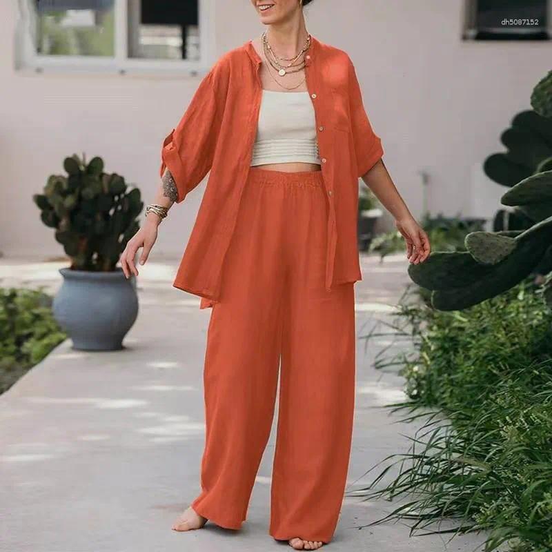 Pantalon de pantalon à deux pièces pour femmes pantalon de chemise 2 set printemps d'automne décontracté poche large de la jambe large long costu