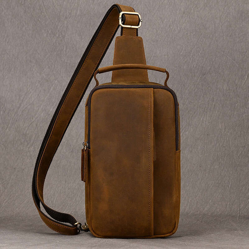 Genuine Men's Chest Crazy Horse Leather Crossbody Sports Casual Shoulder Bag