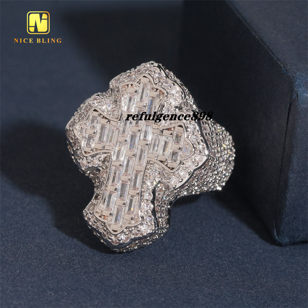Fashion Jewelry Ring Baguette Hip Hop Brass 5A Moissanite Full Diamond Iced Out Jewelry Cross Rapper Ring for Men