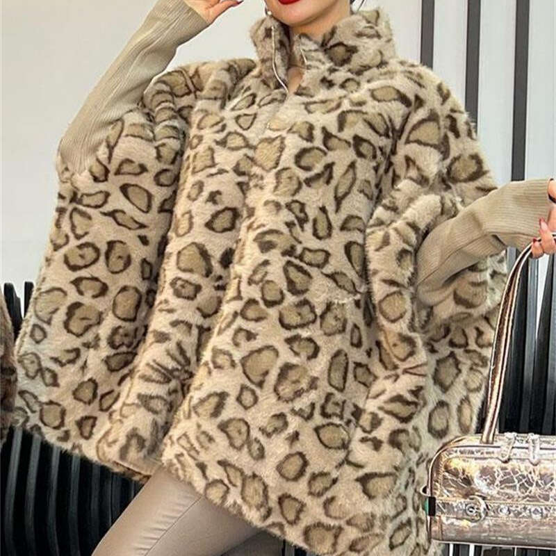 Fashion Cape Style Leopard Print Faux Fur Coat Winter New Slimming Design Fluffy Women's Clothing