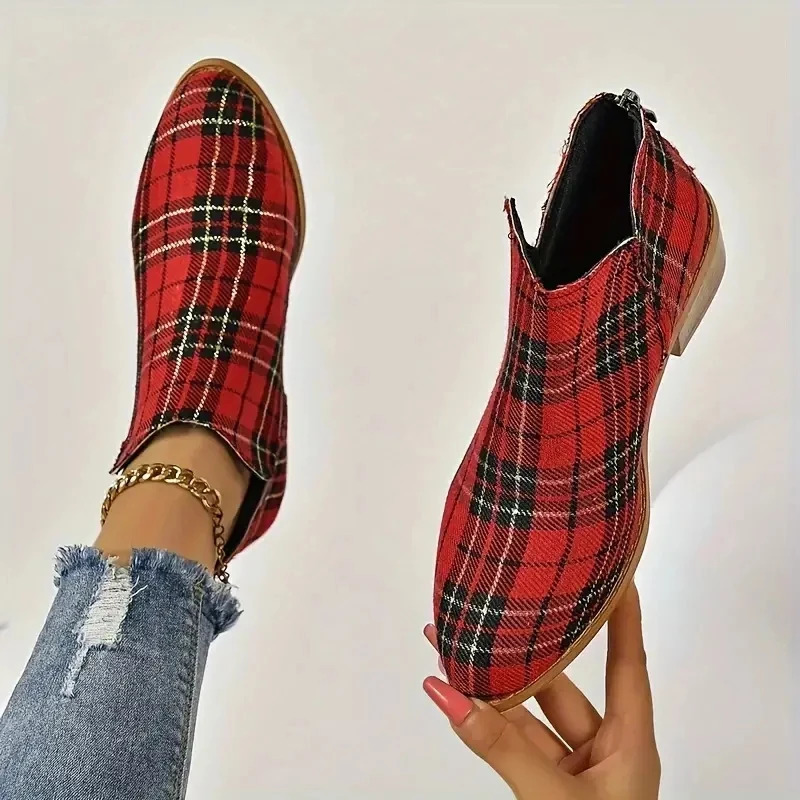 Ankle Boots Womens Christmas Plaid Print Zipper Retro Red Chelsea Outdoor Platform Shoes Classic Side Booties 250819