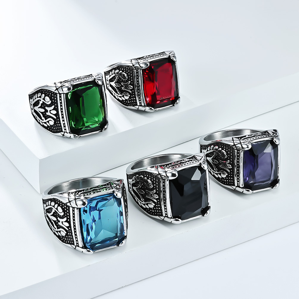 Fashion Hip Hop Retro Colorful Stones Casting Ring Stainless Steel Finger Ring Jewelry