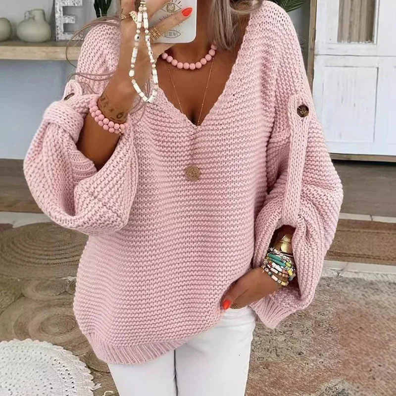Lady Casual Knitted V Neck Sweater Fall Winter Fashion Button Warm Jumper Elegant Solid Adjustable Long Sleeve Pullover 250819