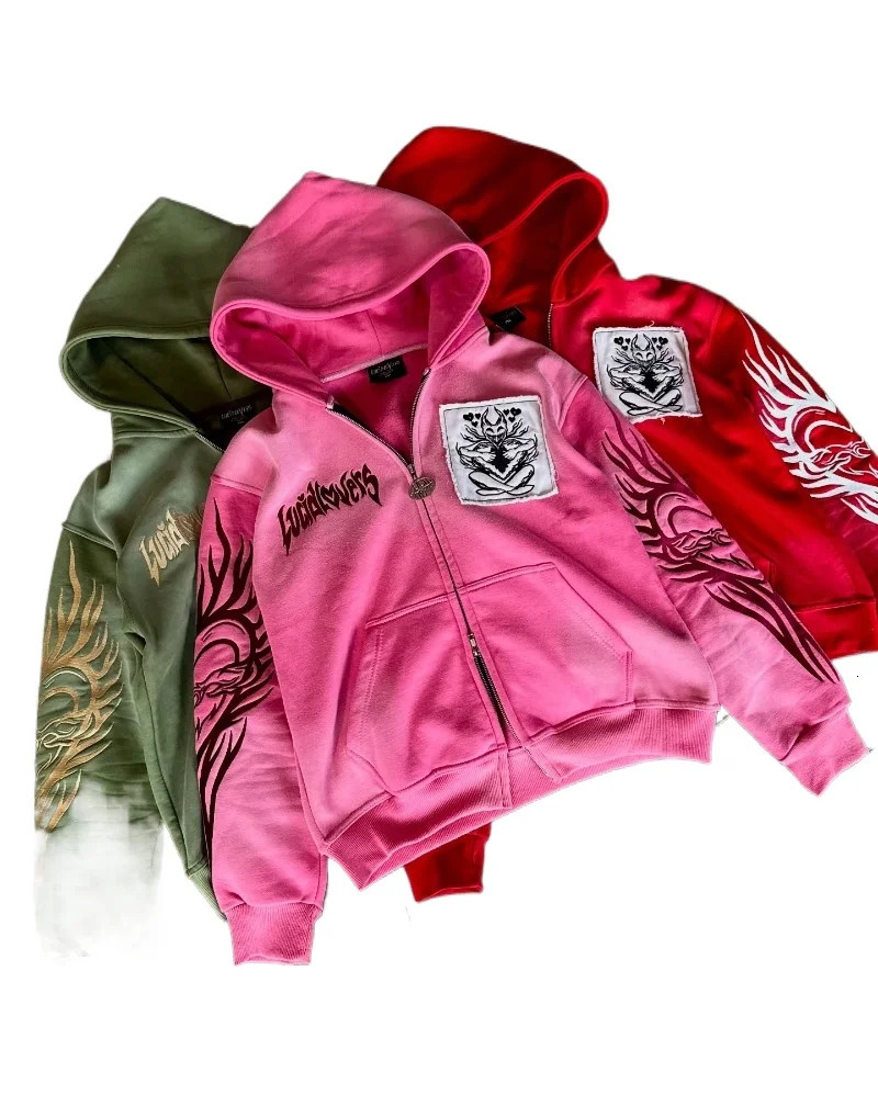 Autumn Fashion Oversized Pattern Embroidered Hooded Sweater Female Y2K Gothic Hiphop Casual Couple Zipper Sweatshirt 250818BJ