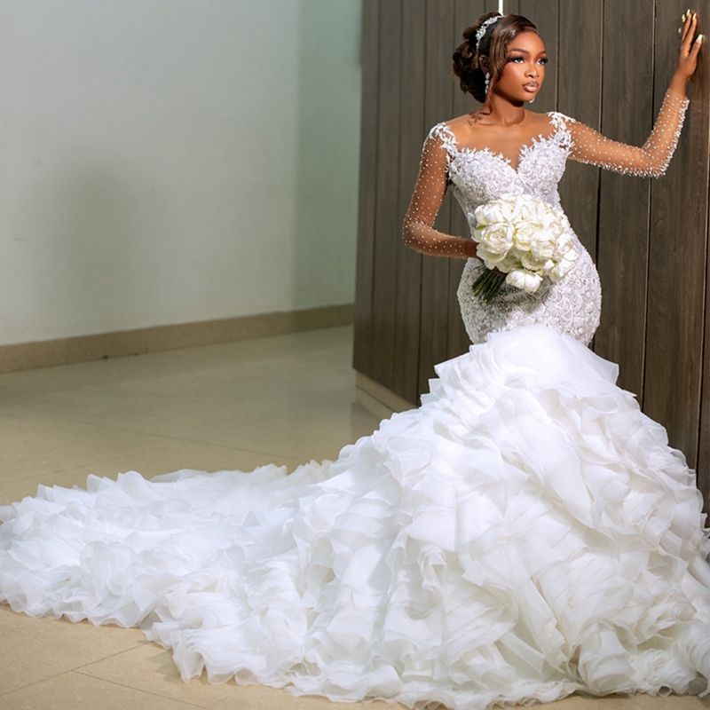 2025 Plus Size Mermaid Wedding Dresses sexy For Bride Long Sleeves Tiered Sheer Neck Illusion Long Sleeves Beaded Lace Tiered Tulle Wedding Gowns Fo