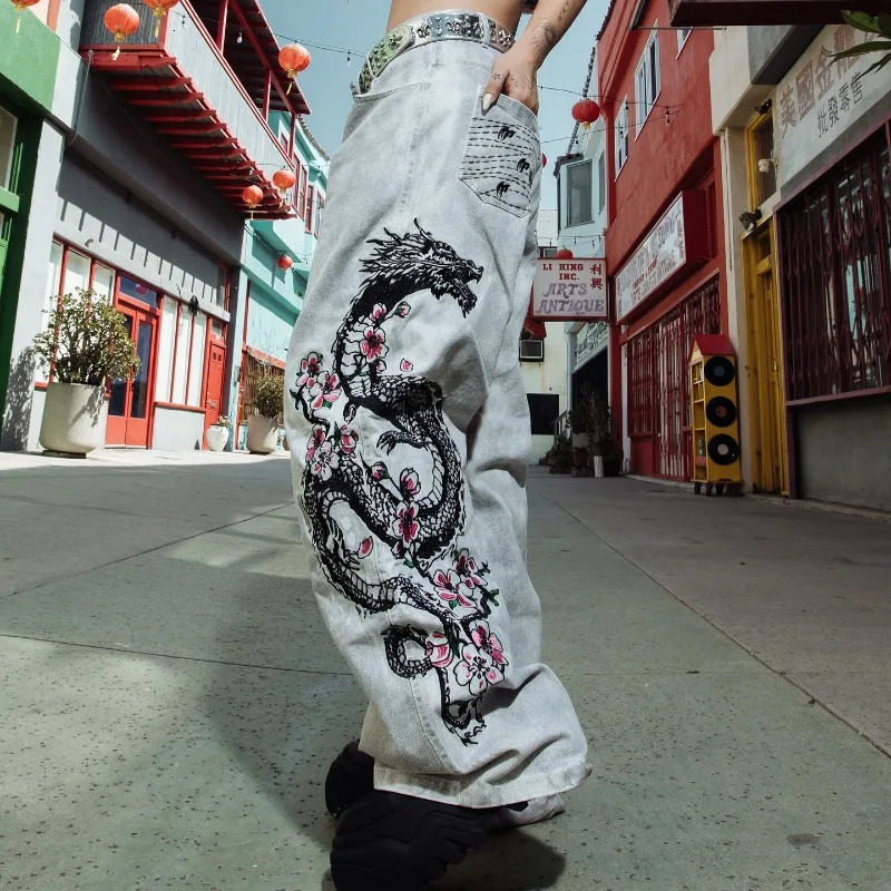 Y2K Fashion Street Vintage Hip Hop Oversized Pattern Embroidered Baggy Jean Men Harajuku Rock Straight High Waist Wide Leg Pants 250820