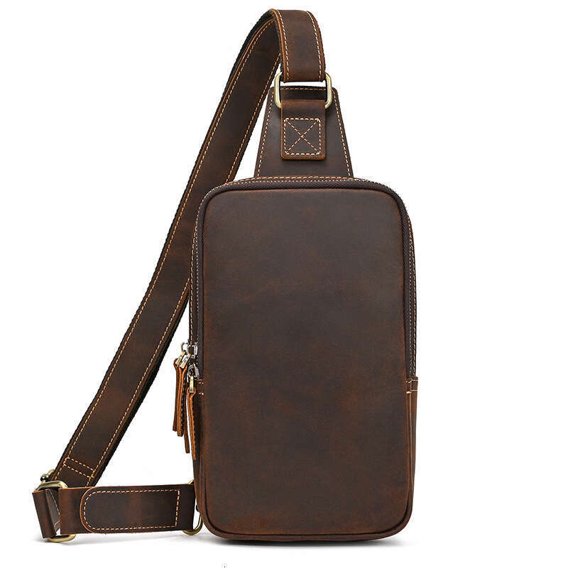 Men's Genuine Casual Chest Outdoor Sports Crazy Horse Leather Single Shoulder Crossbody Bag Zipper Backpack