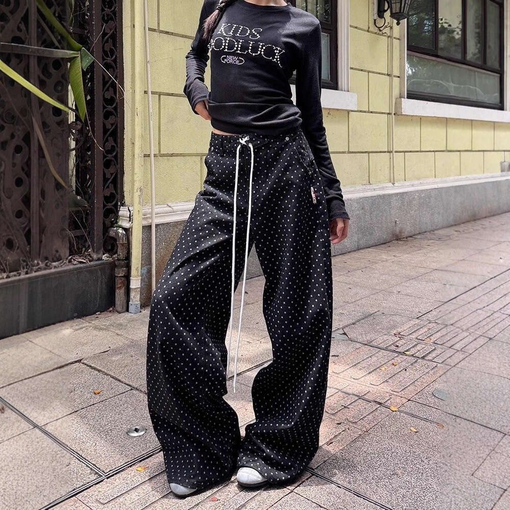 Y2K American Style Trawstring Polka Dot Straight Jeans For Women High Street Design Loose Loose Casual Long Pantal B5