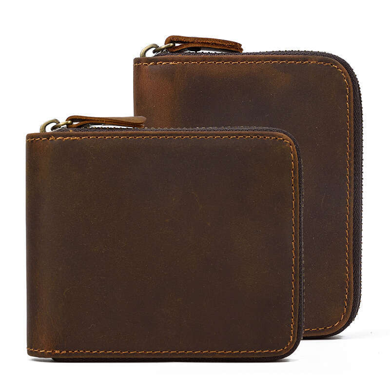 Men's Genuine Crazy Horse Leather Short Zipper with Coin Slot Card Holder Wallet