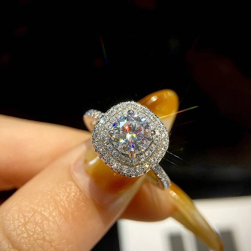 KNB 1ct Round Moissanite Diamond Double Layered Shiny Square Ring for Women Wedding Real 925 Sterling Silver Luxury Fine Jewelry