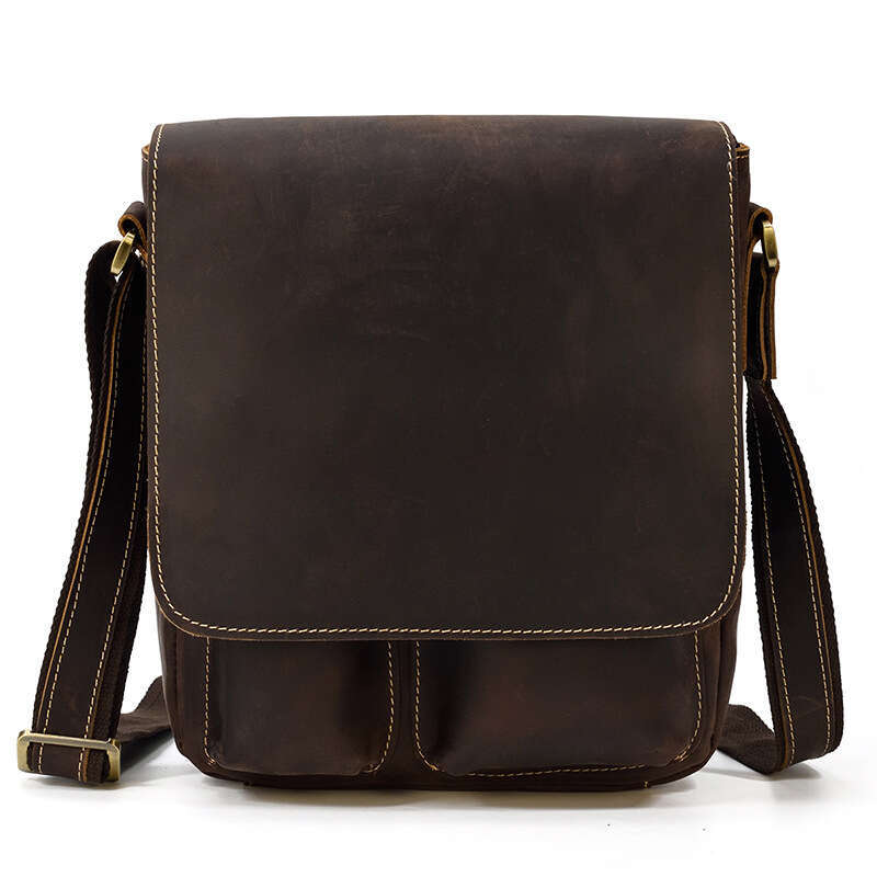 Men's Genuine Flap Crazy Horse Leather Vertical Single Shoulder Crossbody Bag