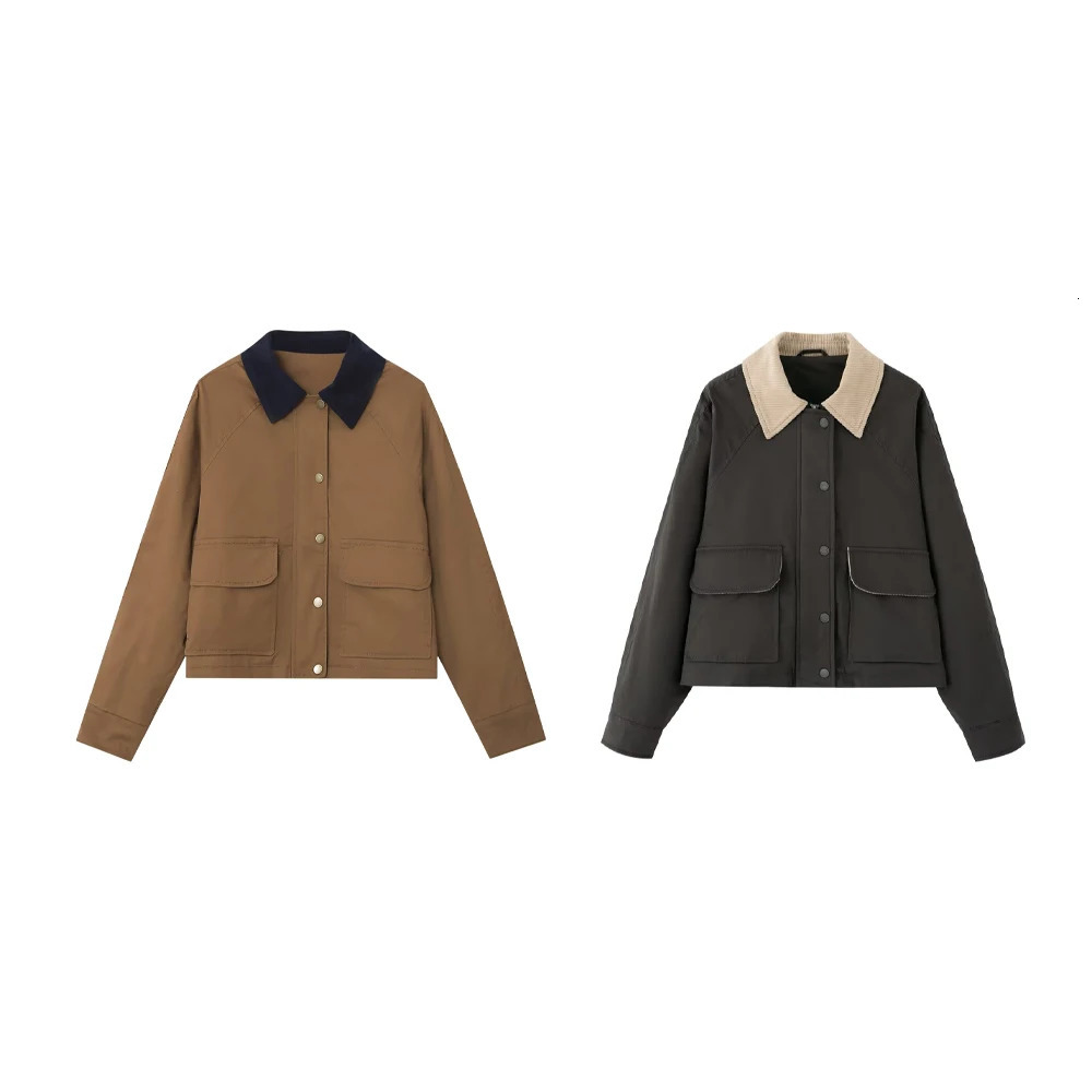Veste Unizera Womens avec collier de couleur contrastée et revers en cuir ciré dégageant un style de printemps 250818