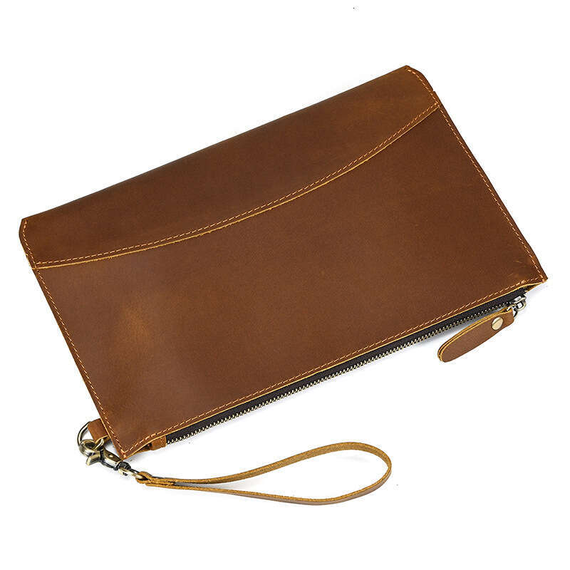 Genuine Large Capacity Phone Bag Men's Business Clutch Crazy Horse Leather Wallet Key Holder Handbag with Hand Strap