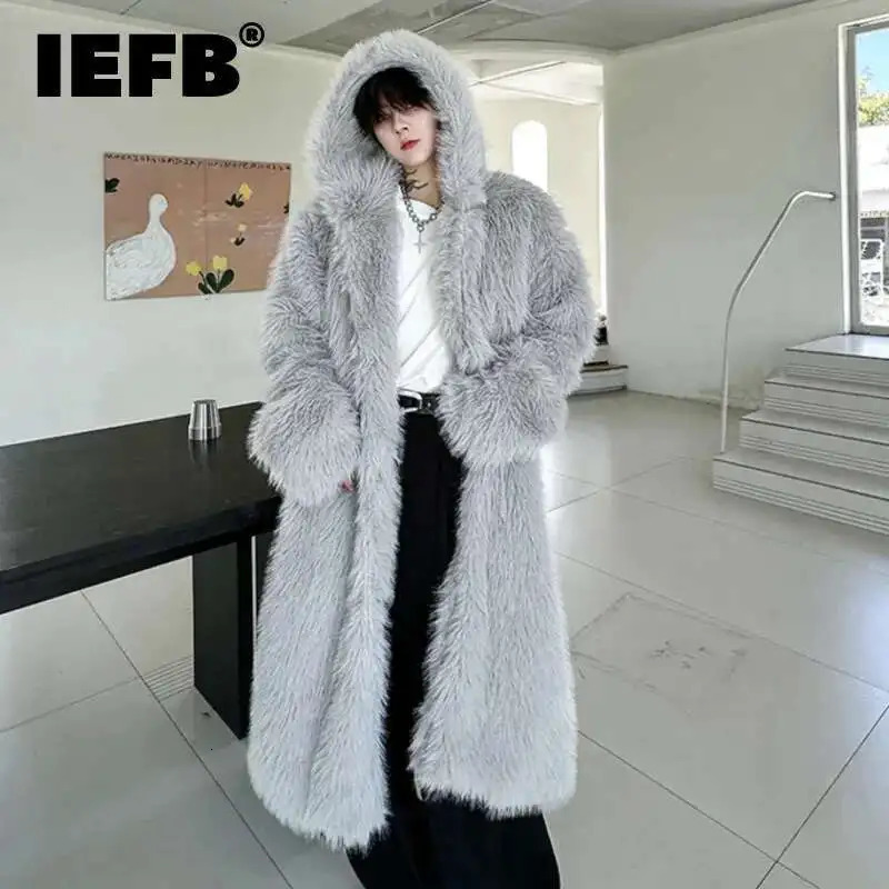 IEFB Trend Mens Thickened Mid Length Faux Fur Coat Loose Oversize Winter Fashionable Woolen Windbreaker Over Kenee 9C3168 250818BJ