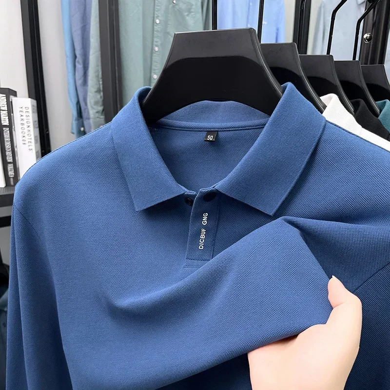 Spring and Autumn Double sided Beaded Long sleeved T-shirt with Single Button Business Casual Mens Polo Shirt 250818