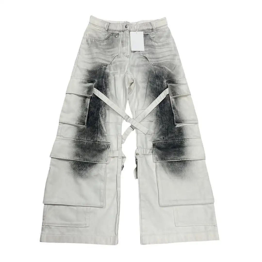 2025 White Splashed Ink Old Baggy Jeans Multi-pocket Daily Work Pants Y2K Harajuku Retro Straight High Street Wide-leg Pant250820