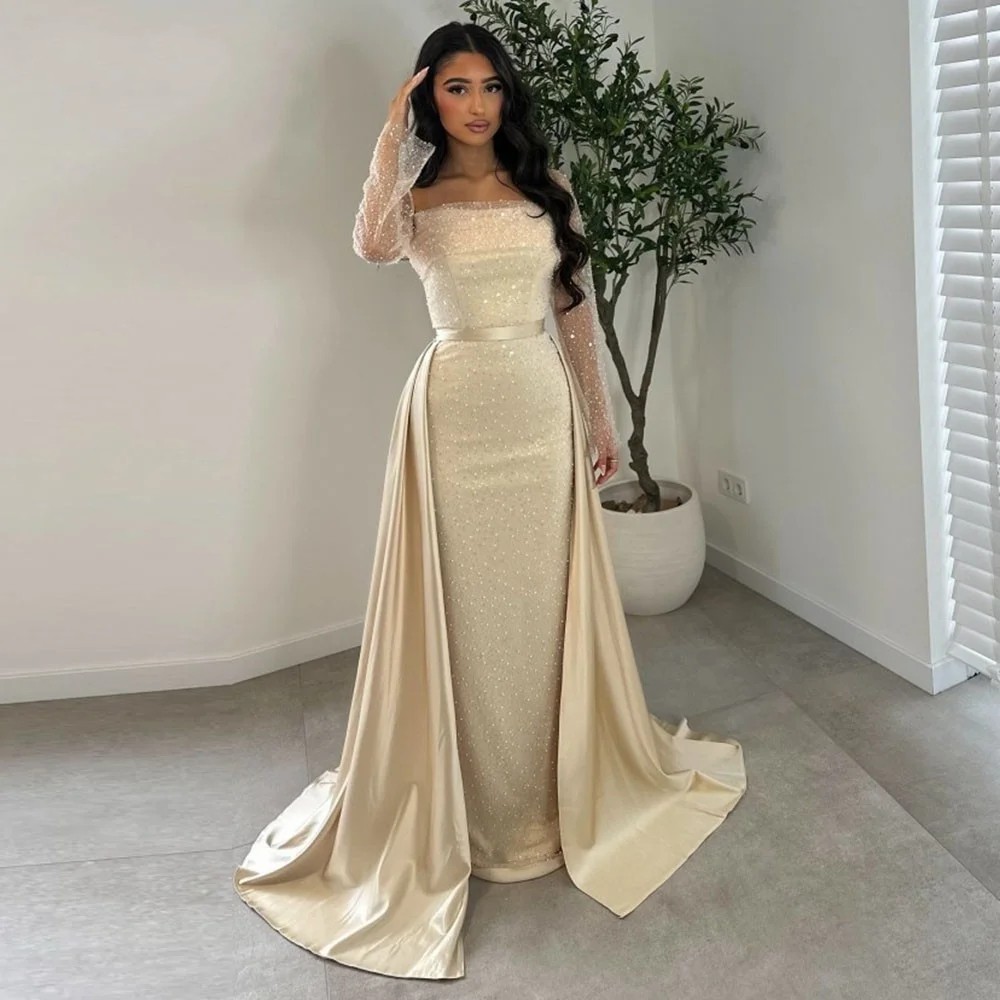 BChampagne Shiny Prom Dress Scoop Sheer Sleeves Sequin-Embellished Mermaid Evening Party Dresses Formal Gown robe de soiree femme