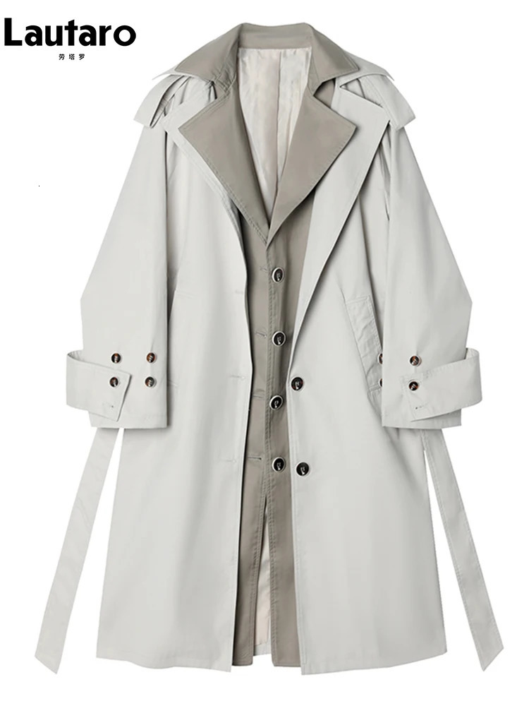 Lautaro Spring Autumn Long Loose Casual Trench Coat for Women Sashes Fake 2 Piece Clothes Korean Fashion 250818