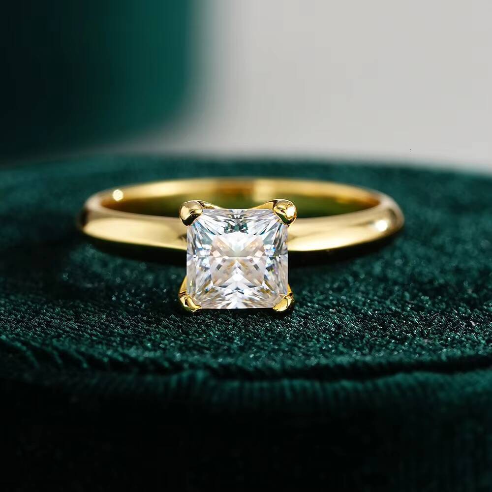 Trendy Simple Wedding Bands 925 Silver Plated 18K Gold Square Moissanite Solitaire Promise FINE Ring for Women