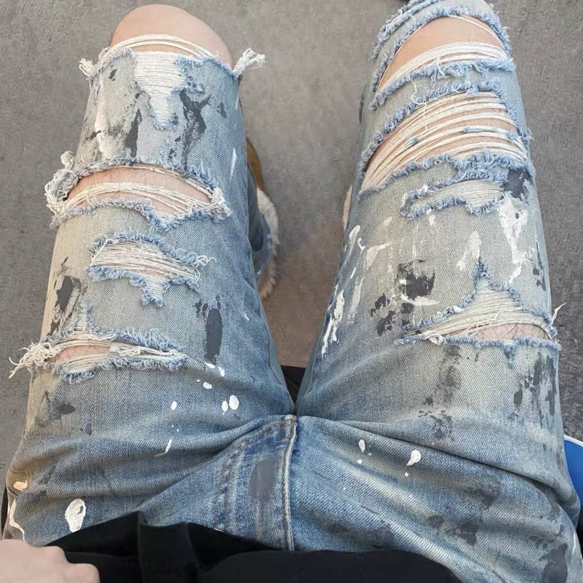 Men's Jeans Burn brothers self-painted splash ink jeans washed and made old hole pants high street slim fit high elastic blue diamond base plat