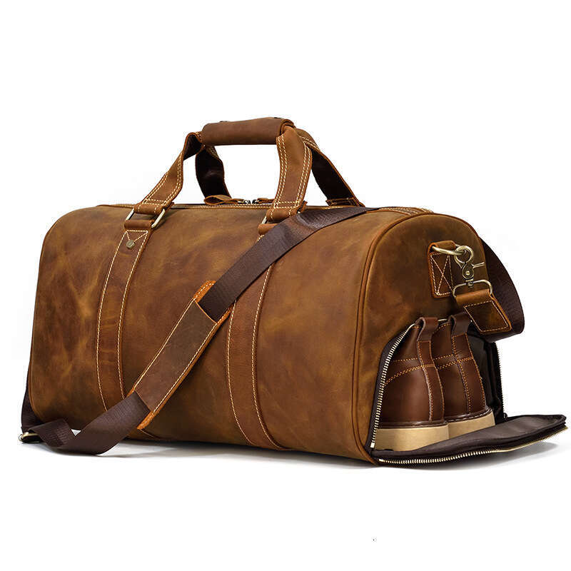 Genuine Men's Business Handbag Crazy Horse Leather Travel Bag Large Capacity with Shoe Compartment