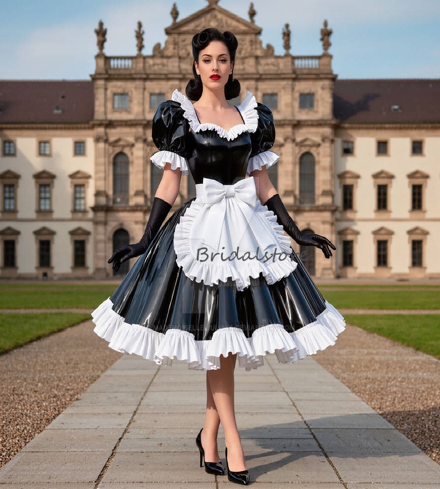 Vampire Gothic Maid Dress With Apron Elegant PVC Costume Prom Dress A Line Witchy Black and White Evening Dress Party Vestio De Gala 2025 Cocktail F