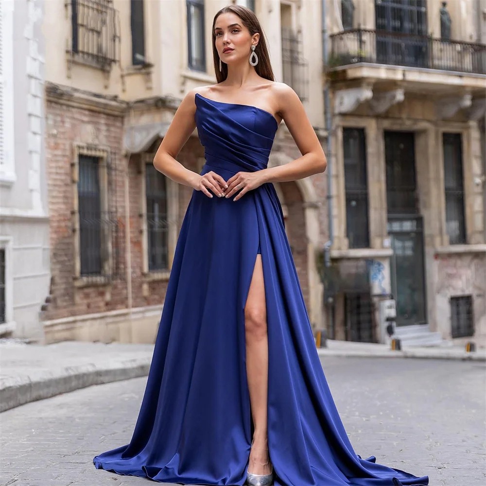 2025 Modest Navy Blue Formal Evening Dress Strapless Pleats Silt Long A-Line Satin Prom Pageant Party Gowns Birthday Robe De Soiree