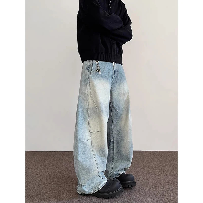 Summer Blue Mens Jeans High Waist Baggy Casual Vintage Y2K Trend Straight Cargo Pants Street American Wide Leg Denim Trouser 250820