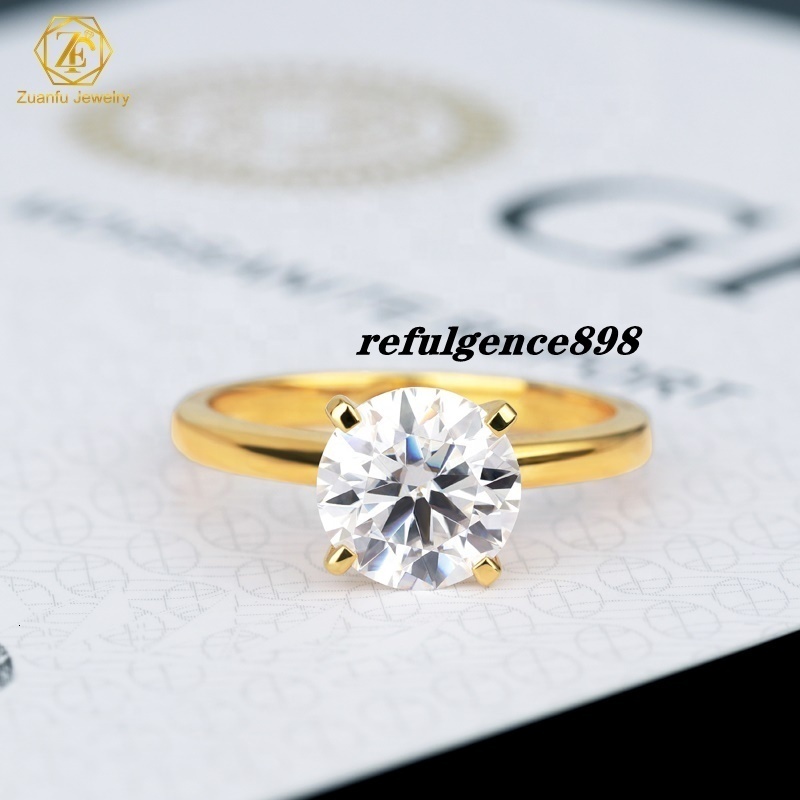 Gold Jewelry Customized Ring Moissanite 2 CT Round Cut Ring Yellow Gold Plated Moissanite Solitaire Ring for Women