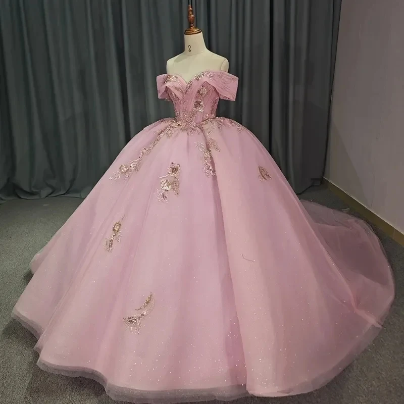 Pink Shiny Prince Quinceanera Dresses Off The Shoulder Sequin Applique Lace Tull Beading Off Shoulder Ball Gown Sweet 16 Dress Vestidos De 15 Anos