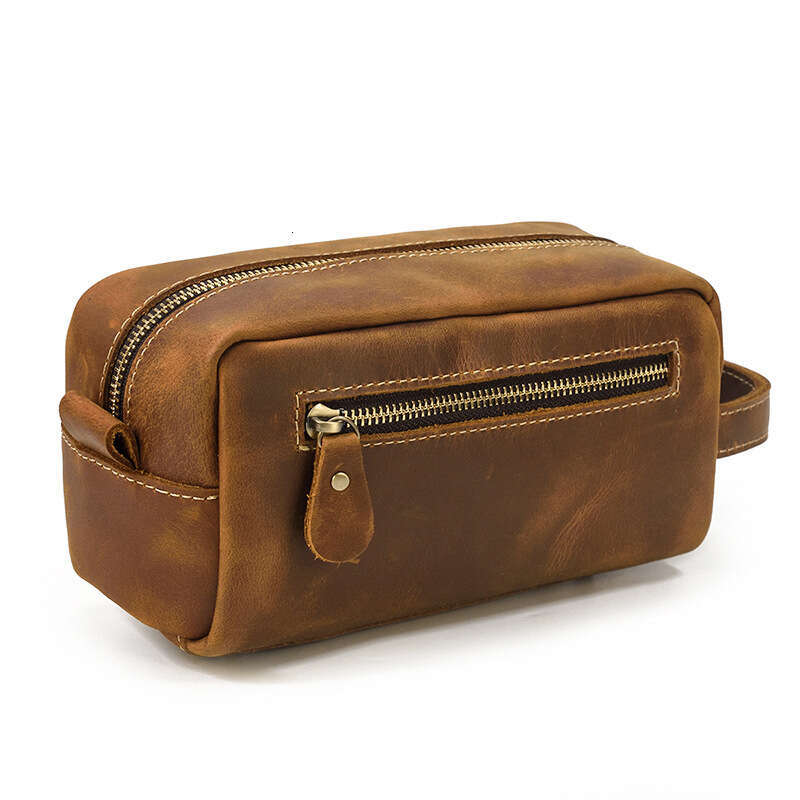 Genuine Toiletry Crazy Horse Leather Men's Clutch Large Capacity Makeup Bag Travel Organizer