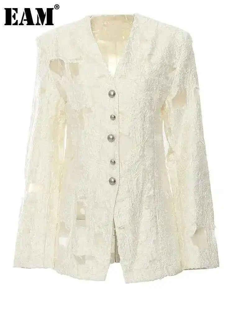 EAM Beige Jacquard Perspective Big Size Elegant Blazer Women Vneck Long Sleeve Jacket Fashion Spring Autumn 1DH7169 250820
