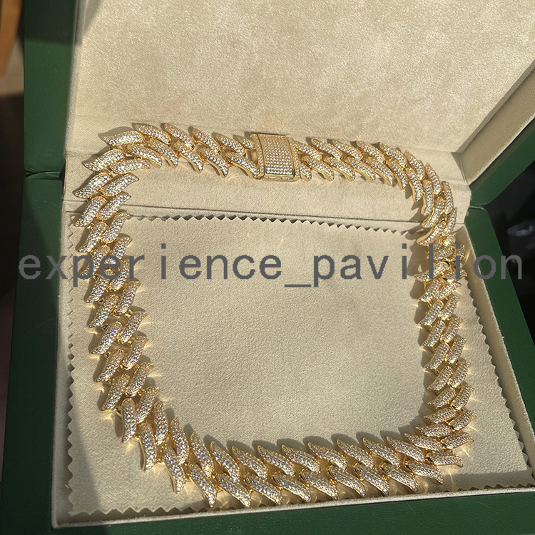 Men Chain Hip Hop Rock Style 13mm 18mm Width Spike Shape Gold Plated Moissanite Necklace Cuban Link Chain