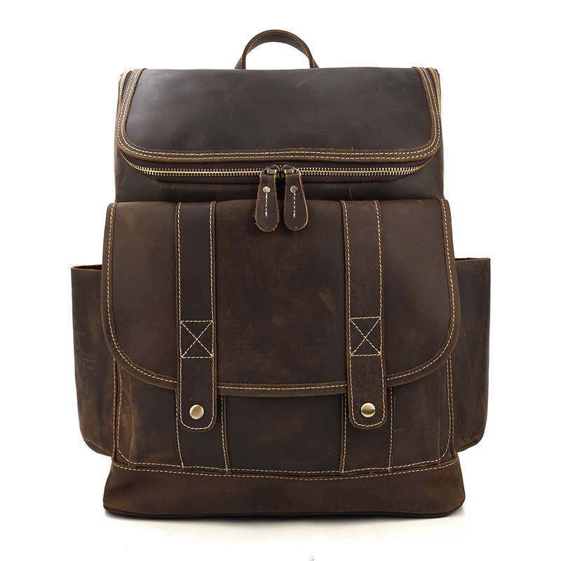 Crazy Horse Genuine Leather Men's Backpack Large Capacity Cowhide Travel Bag for Men