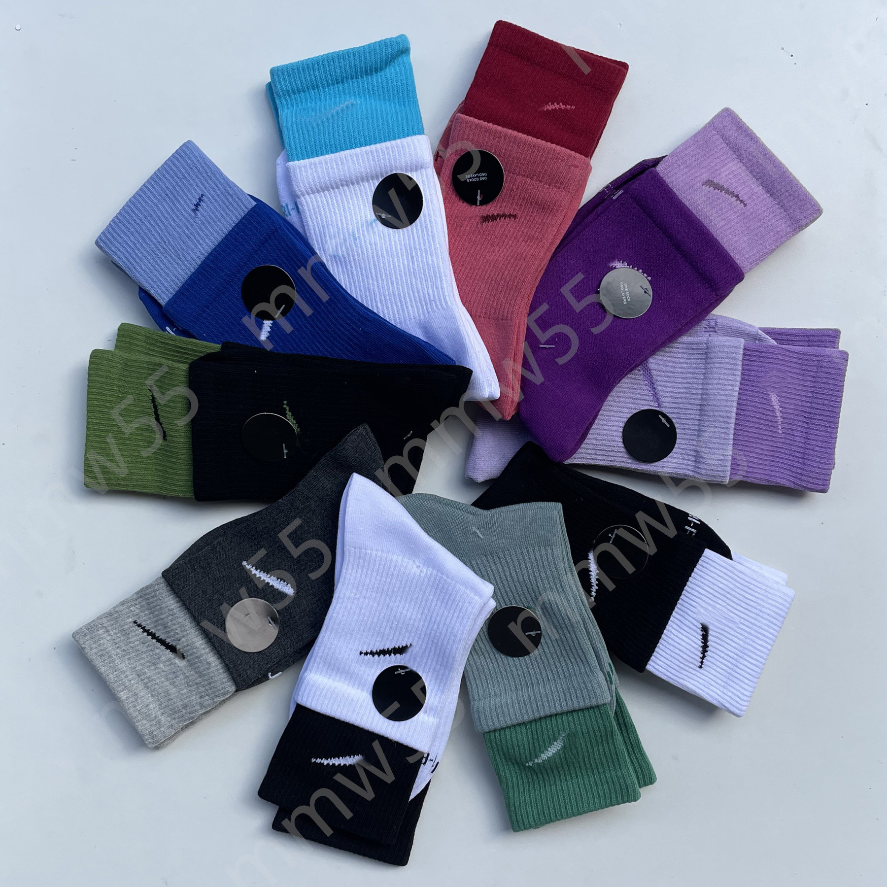 Five pairs of high-top multi-color trendy socks for men and women, double-layer spliced pure cotton twin-screw long-top sports socks