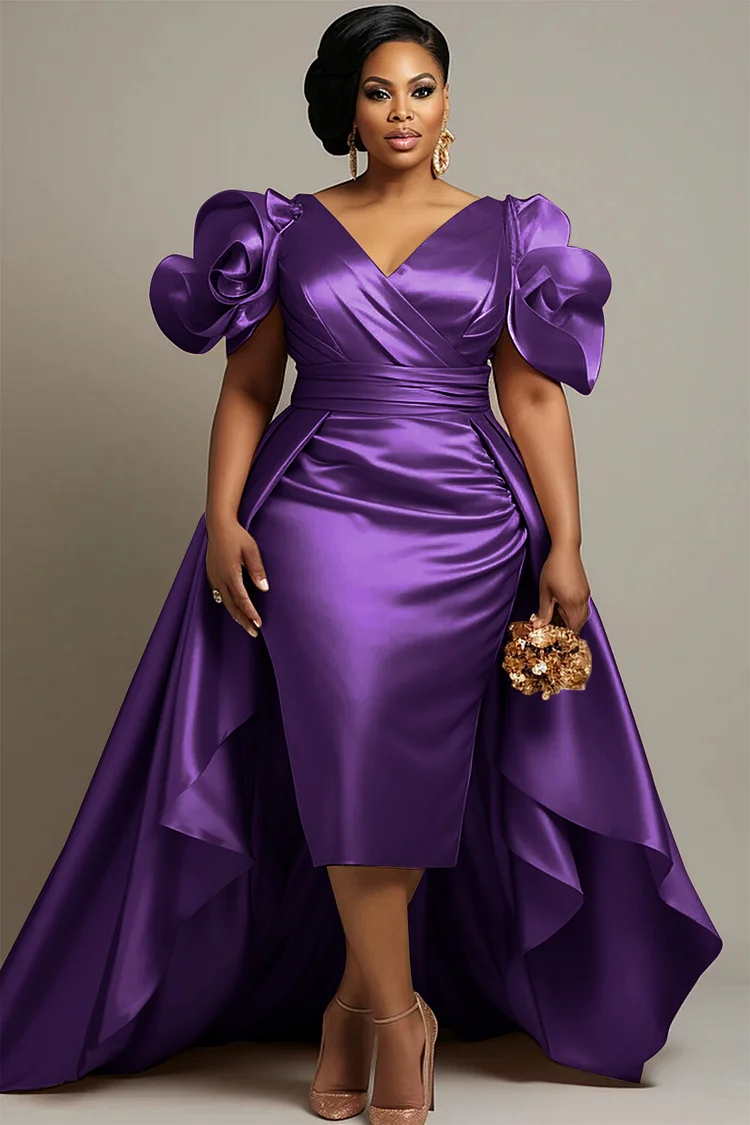 Élégant gaine en satin violet Mère de la mariée Robes avec train détachable Train en V Longueur de thé simple robe de fête de mariage Mère person