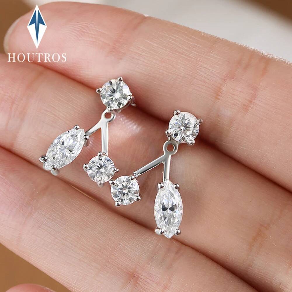 1.8cttw Round Marquise Cut Full Moissanite Stud Earrings For Women 925 Sterling Silver 18K Gold Plated 3 Stone Earring Jewelry