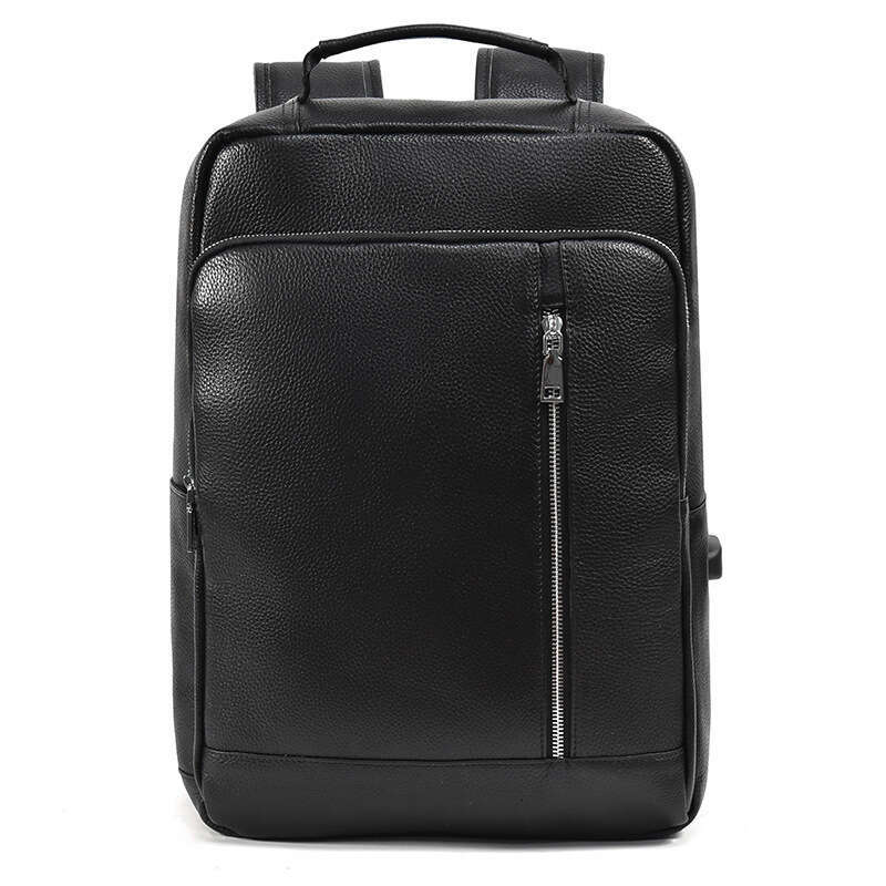 Men's Business USB Charging Cowhide Black Casual Backpack Genuine Leather Commuting Laptop Bag