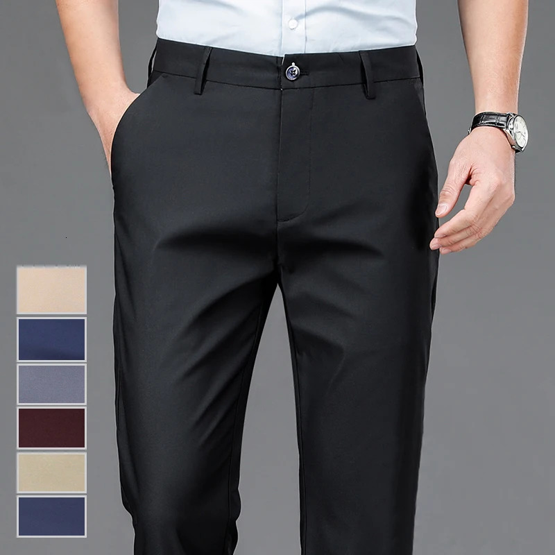 Male Pants Stretch Solid Black Smart Casual Mens Trousers Office Quick Dry Suit Spring Autumn Korean Straight 250820