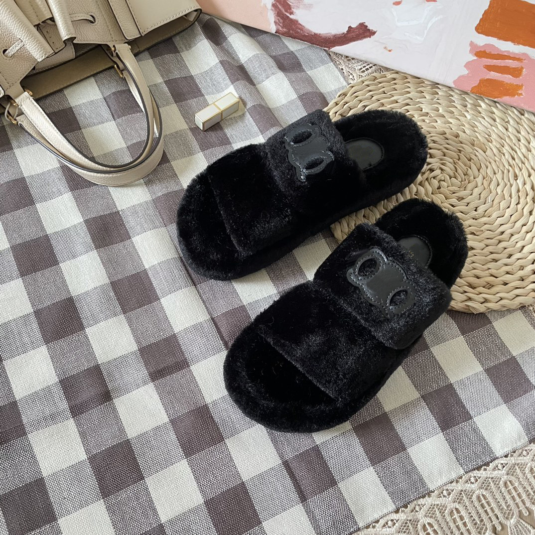 Luxurious slide designer shoes men's and women's slippers Women's wool winter fur fluffy warm letter sandals Comfortable fluffy girls