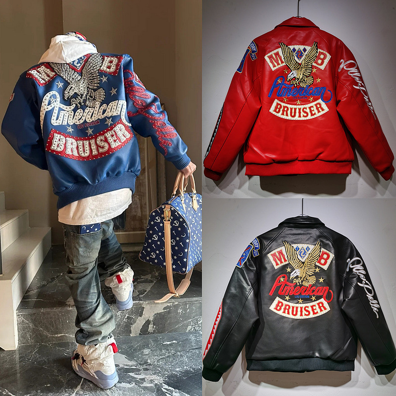 Men's Jackets Hip Hop Sheep Skin Varsity Jacket Embroidered Diamond Classic Casual Sport Genuine Leather Coat Tops