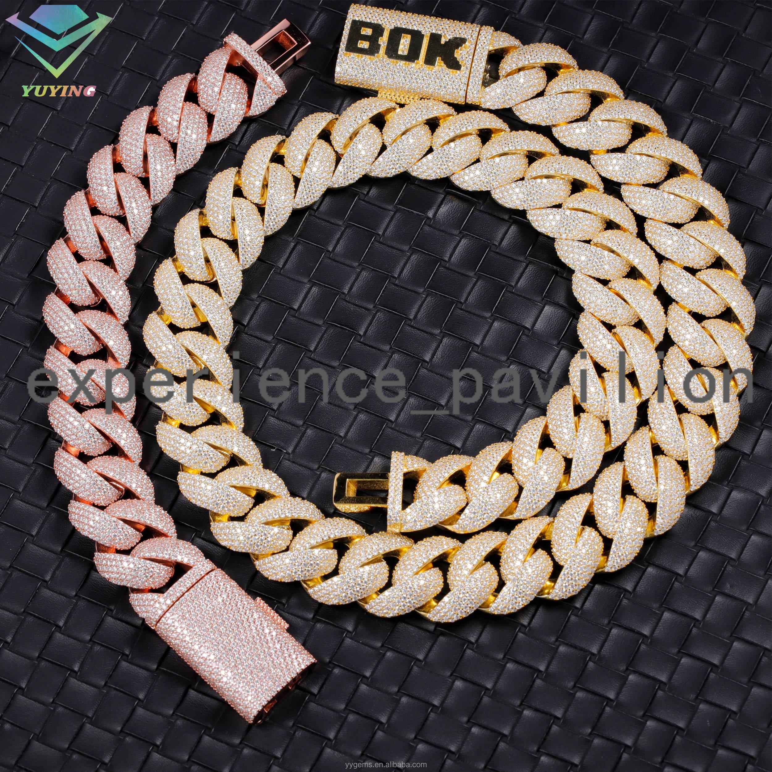 Hip Hop Yellow Gold 22mm Heavy Silver D Color VVS Moissanite Iced Out Diamond Cuban Link Bracelet Necklace for Men