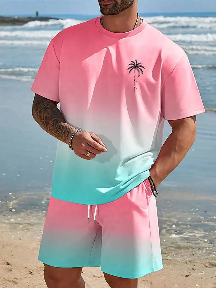 Gradient Print Mens Short Sleeve Shorts Set Hawaiian Mens Fashion Set Summer Mens Casual T-shirt Outdoor Beach Mens Shorts250820