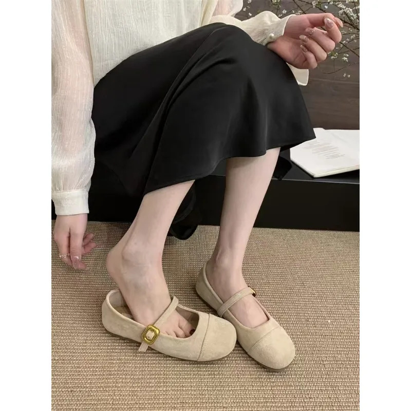 Summer fashion buckle single womens solid color round head beautiful ballet flat shoes womens soft casual comfortable loafers 250820