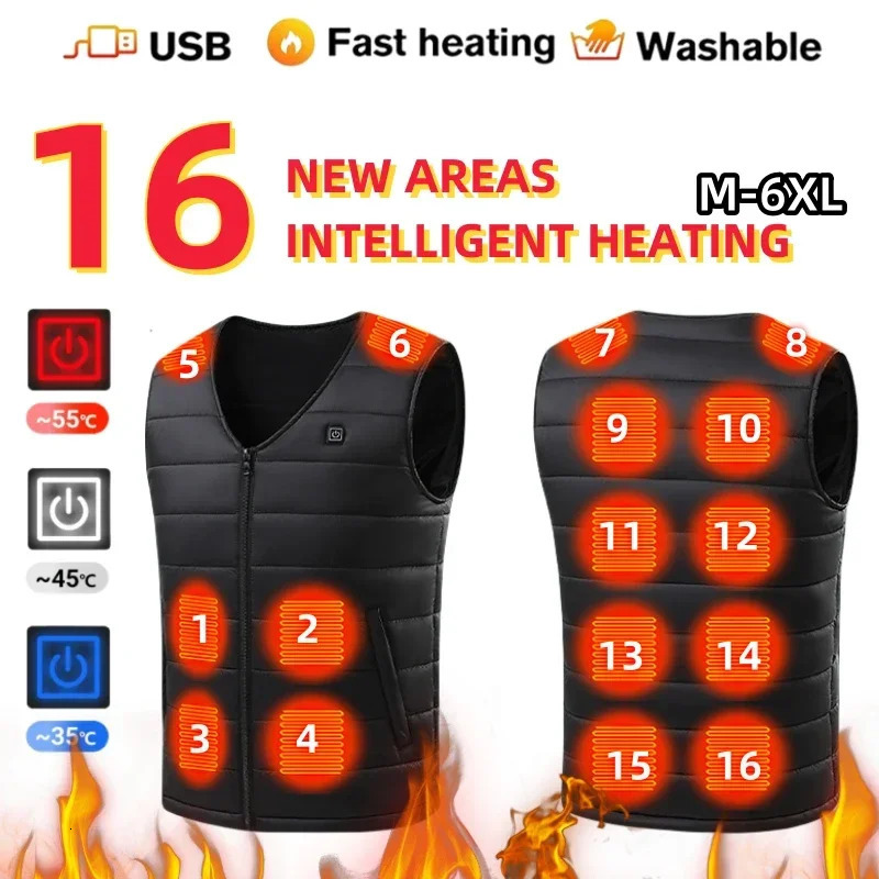 16 Areas Heated Vest Men Women USB Electric Heated Jacket Winter Smart Heating Clothes Work Waterproof Thick Sleeveless Coat 250815