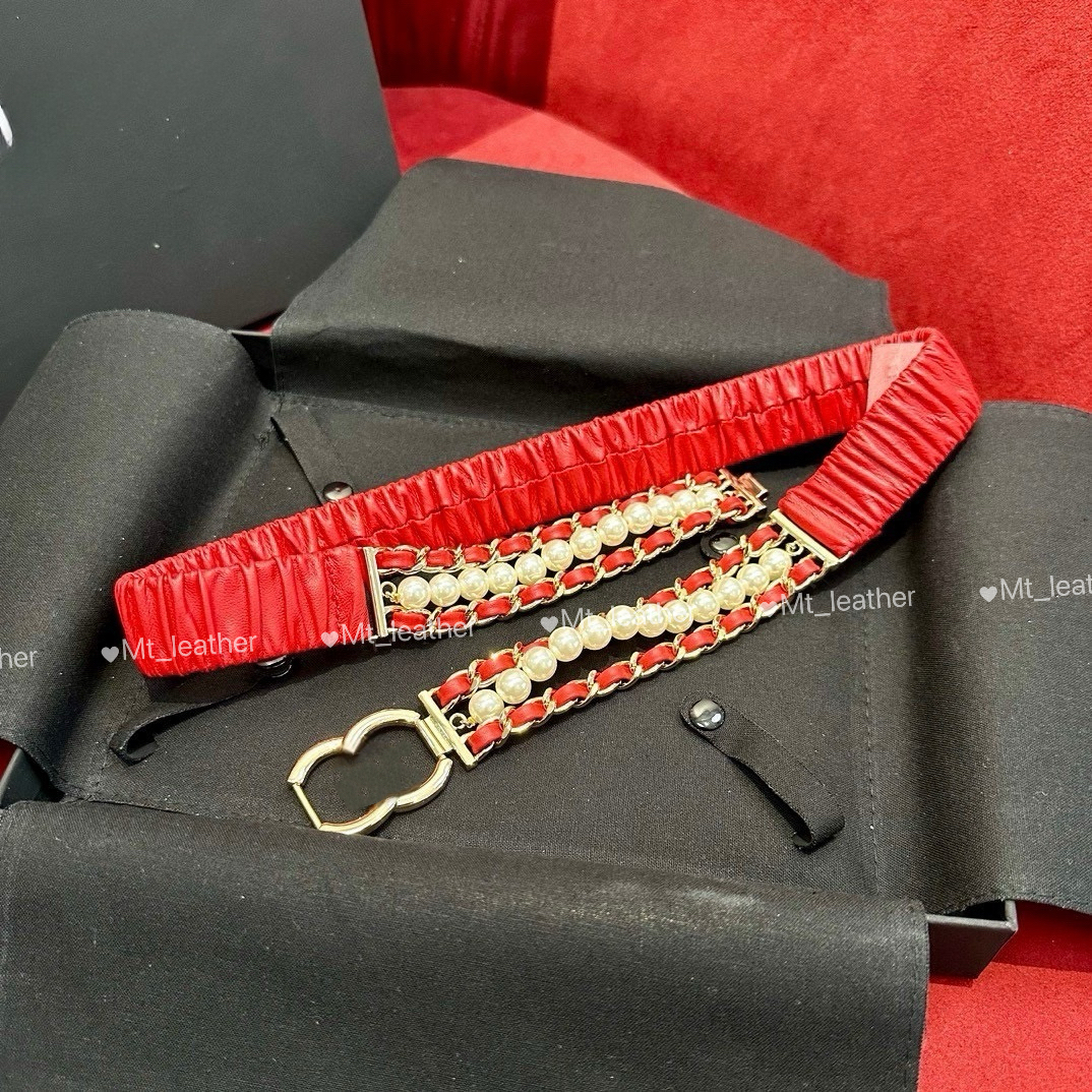 Femmes designer lettre élastique lettre boucle perlé ceinture élastique ceinture rouge noir blanc de haute qualité en cuir authentique