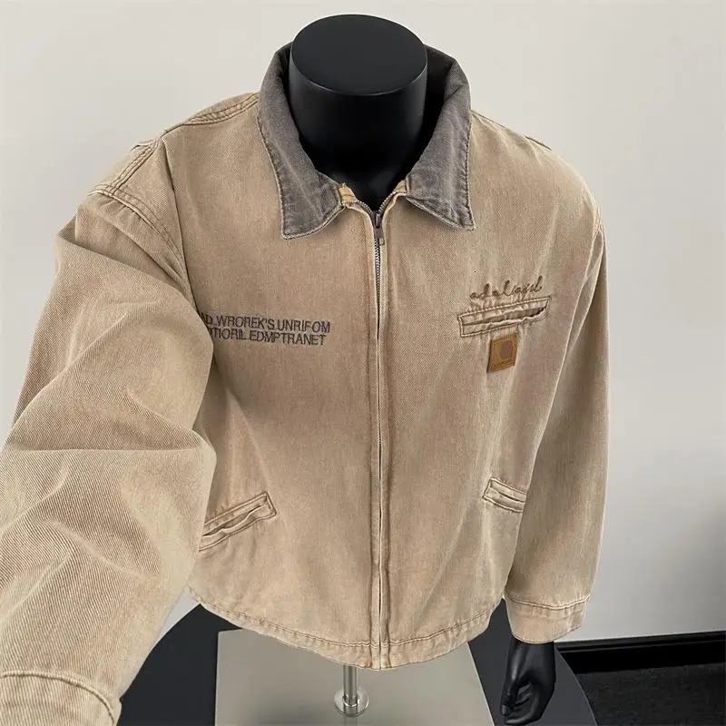 Retro ort Pad oulder Workwear Jaet Mens Sli Zipper Denim Collar Trendy Cleanfit High-End Feeling Casual Outerwear 250818