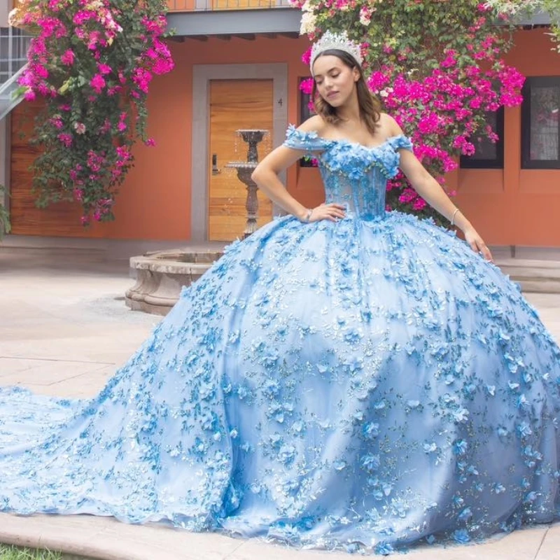Ciel bleu brillant quinceanera robes à paillettes appliques perles de fleur taul anniversaire fête de bal robe de bal douce 16 robes corset vesti