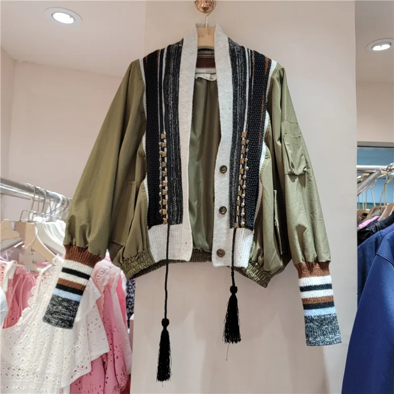 Fashion womens jacket rivet patchwork fringed V-neck long-sleeved single-breasted contrasting coat spring 250820