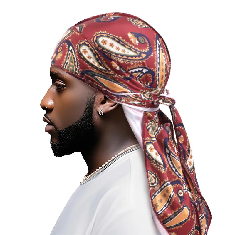 Silk Cashew Printed Durag Turban For Women Men Bandanas Headwear Silky Rag Long Tail Pirate Hat Caps Hair Accessories250812